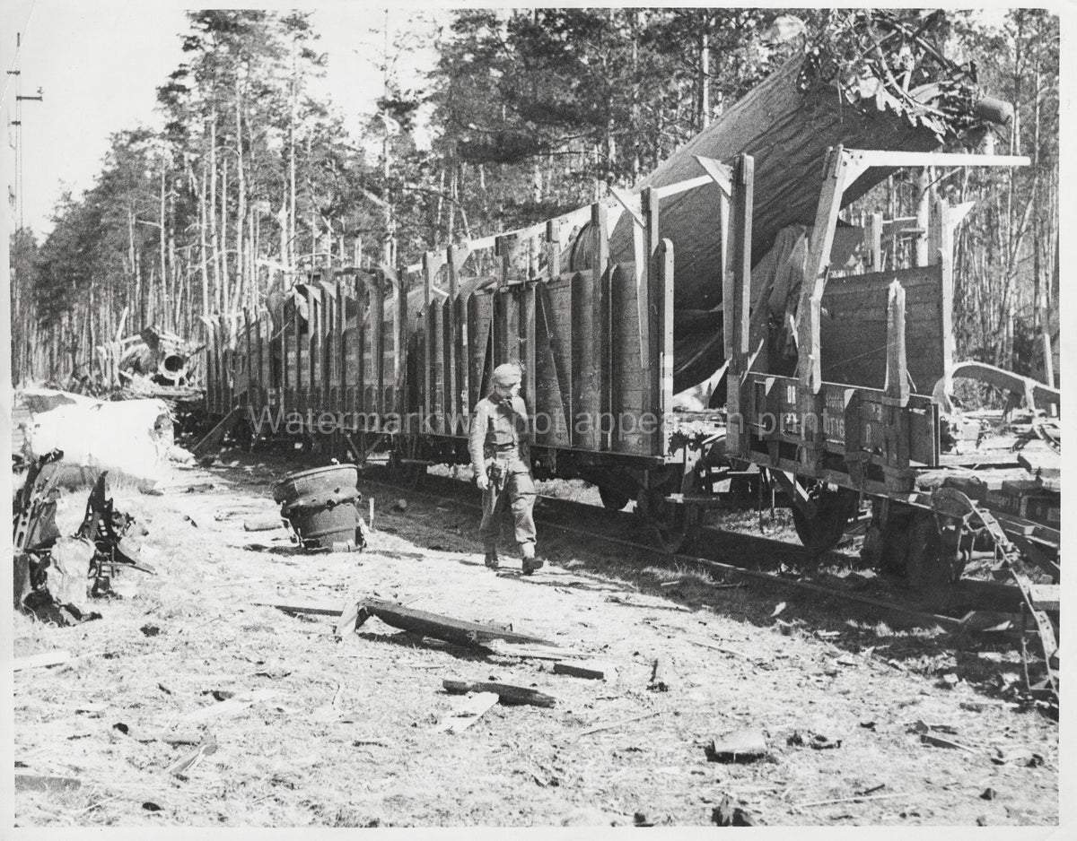 German V2 Rocket Site Remains Wreckage Train Soldier WWII Vtg. Photo WW2