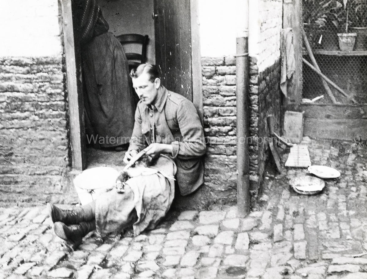 WW1 British Soldier Prepares Pheasant Eating Uniform Vtg. Photo