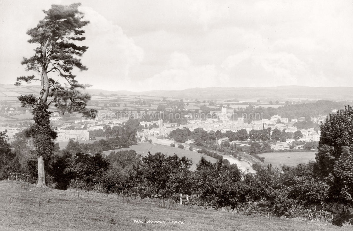 Brecon Wales Townscape Panoramic View River Usk Hills UK Vtg. Photo 19thC.