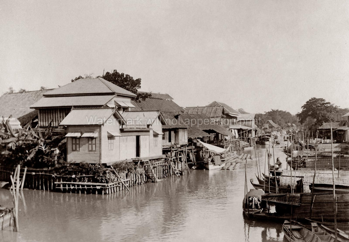 Dutch East Indies Indonesia Canal View Stilt Houses Boats Vtg. Photo 19thC.
