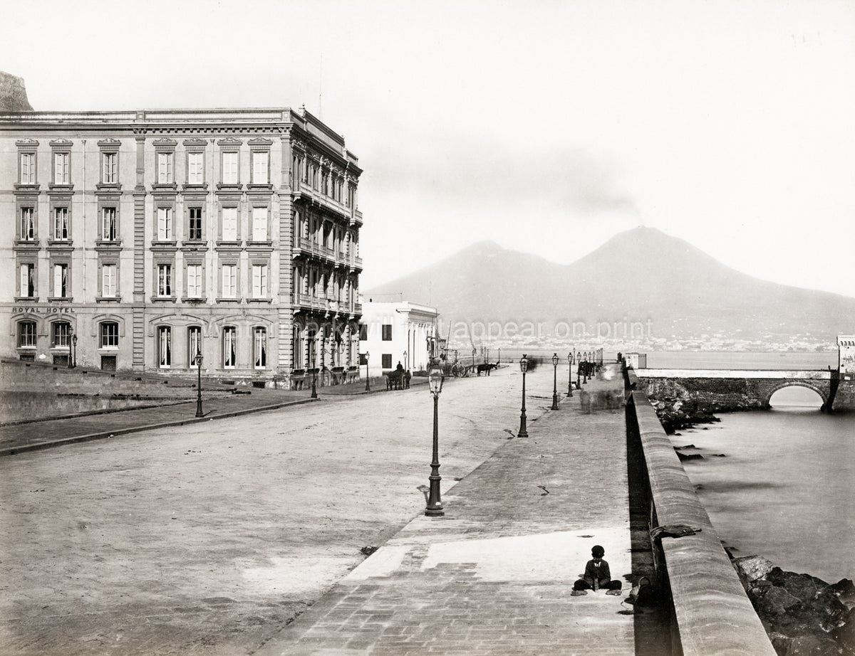 Naples Hotel Royal Mount Vesuvius Volcano Waterfront Napoli Vtg. Photo 19thC.