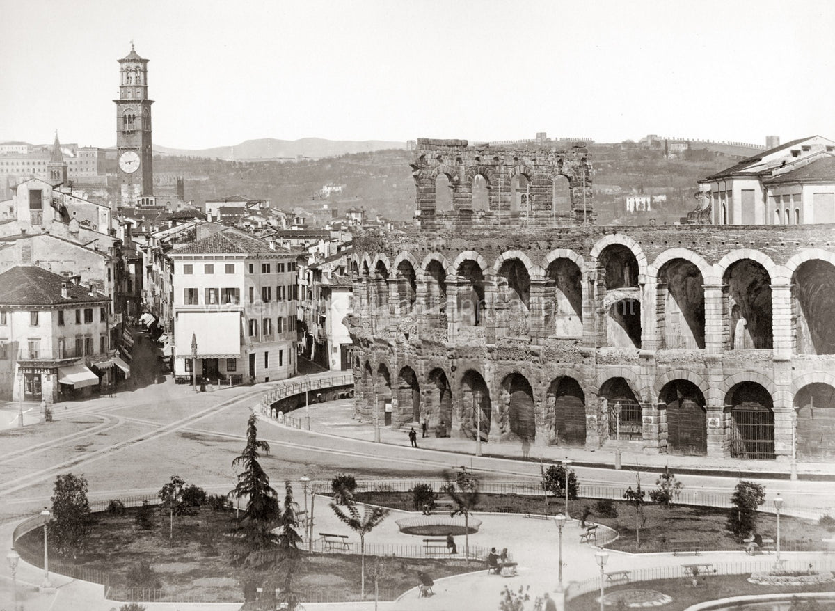 Verona Italy Arena Amphitheater Cityscape Clock Tower Vtg. Photo 19thC.