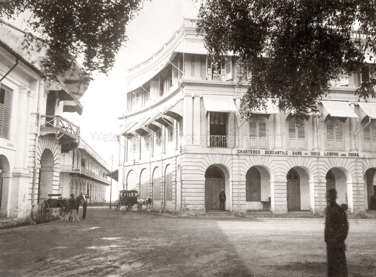 Singapore City Bank Buildings Architecture Street Scene Horse Vtg. Photo 19thC.