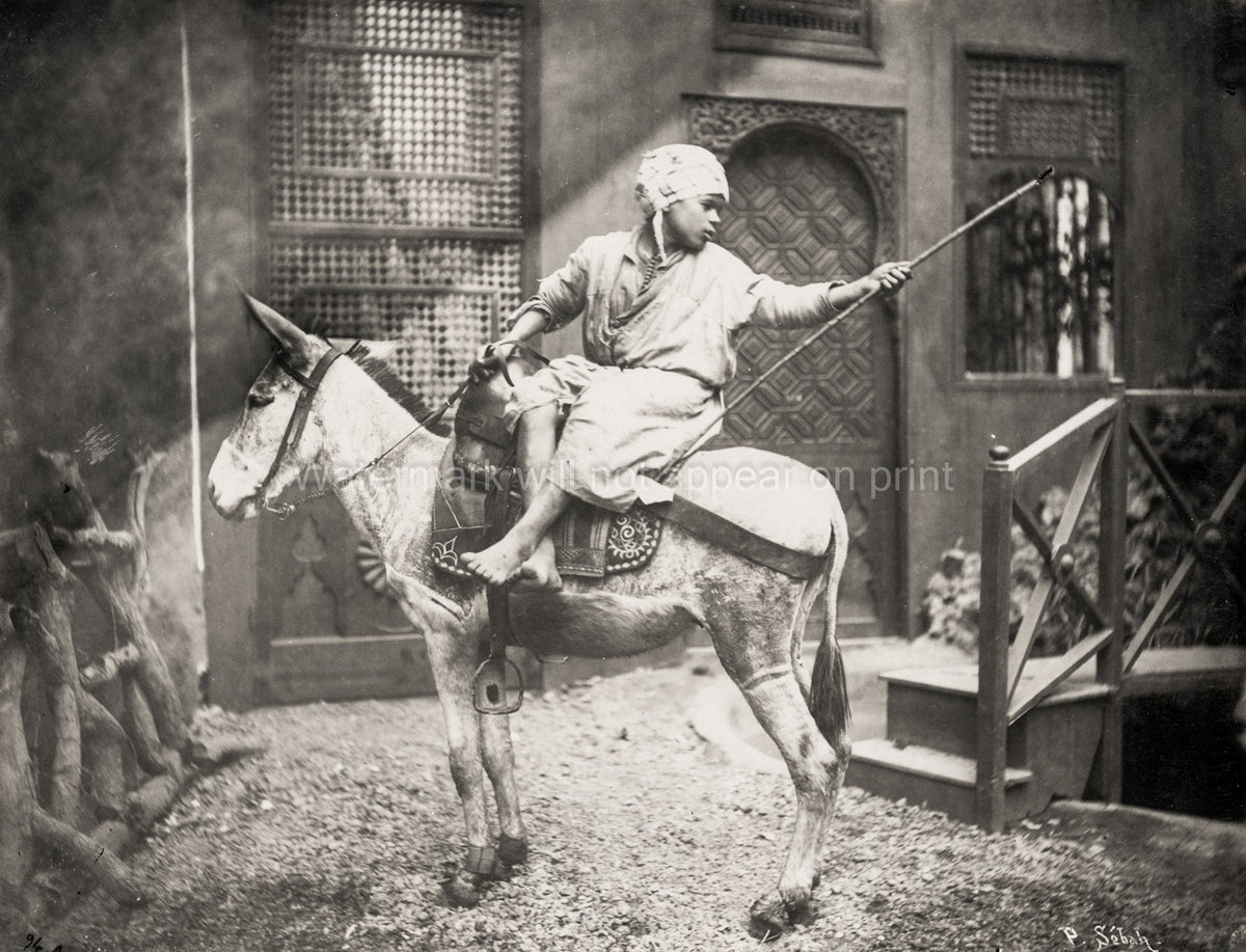 Cairo Egypt Boy Donkey Barefoot Turban Ornate Door Vtg. Photo 19thC.