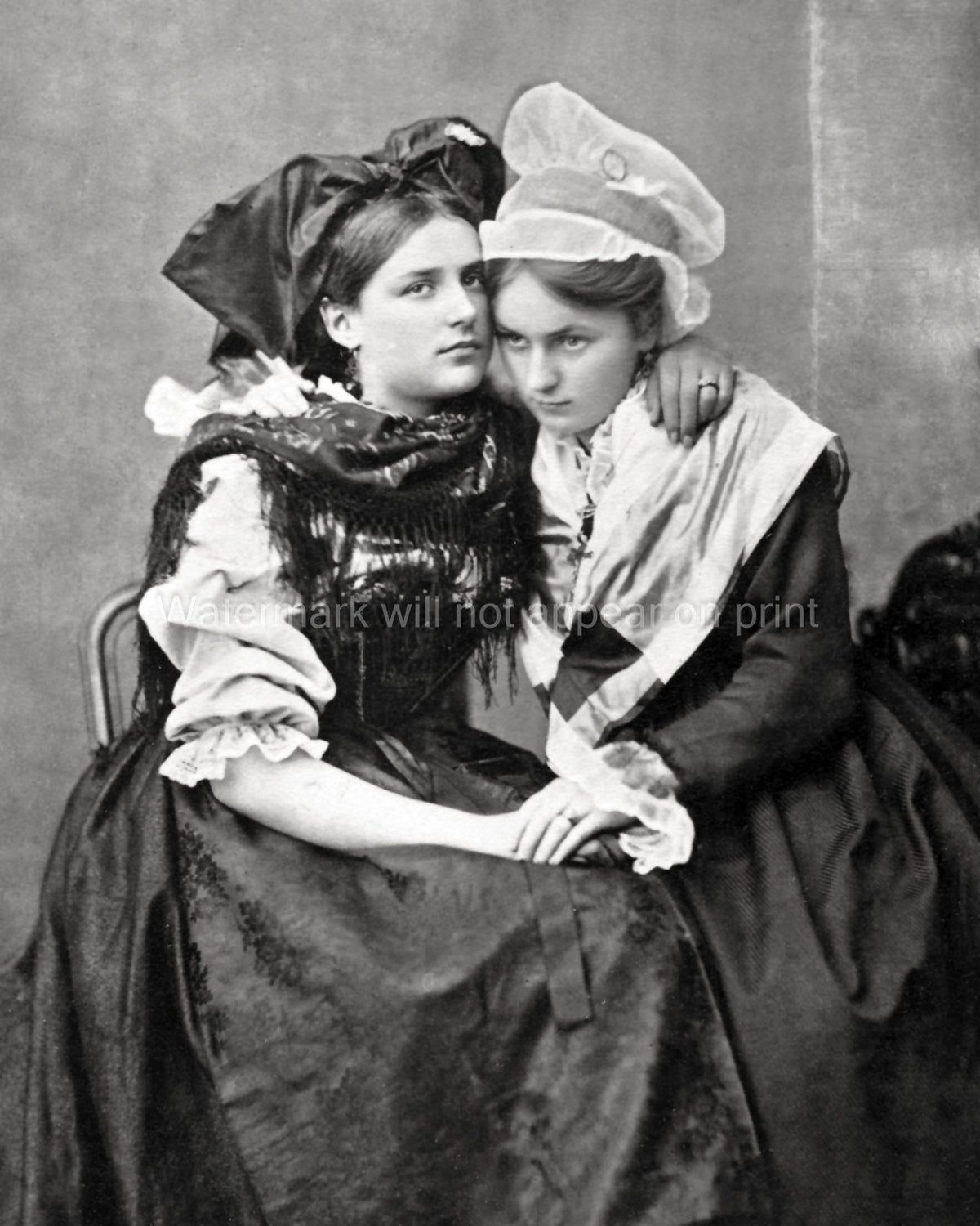 Belgian Milkmaids Embrace Traditional Dress Folk Costume Women Vtg. Photo 19thC.