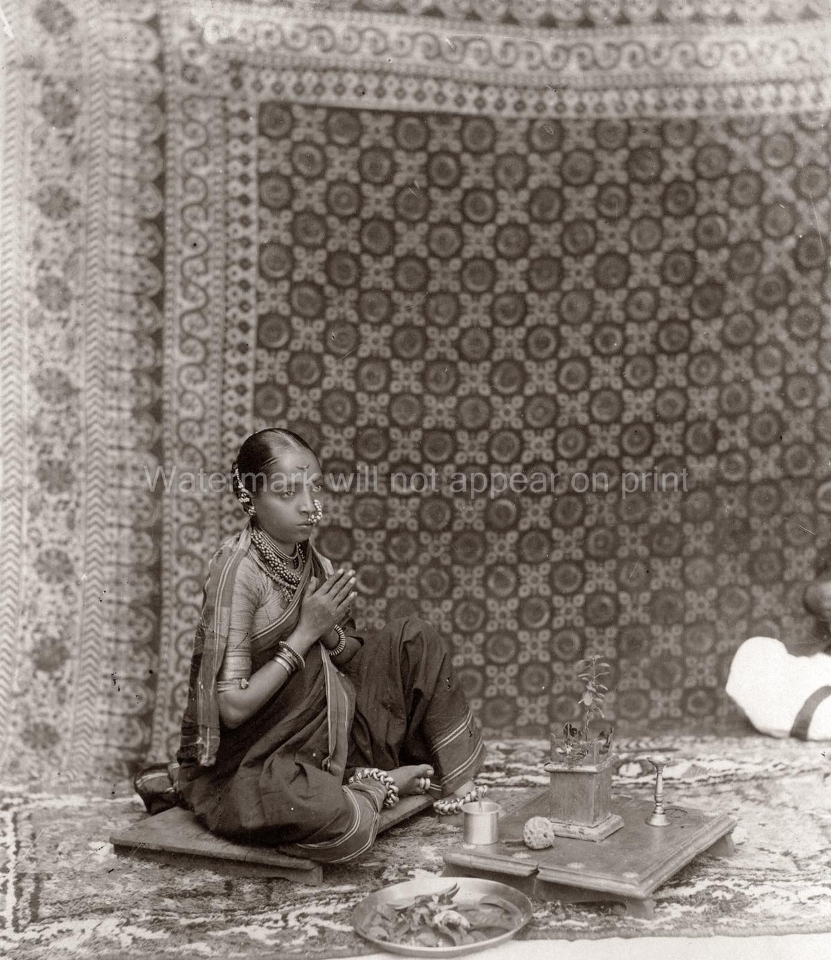 India Girl Praying in Sari with Jewelry Ornate Carpet Rug Vtg. Photo 19thC.