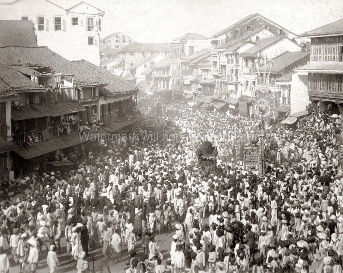 Bombay Mumbai India Procession Crowd Street Scene Architecture Vtg. Photo 19thC.