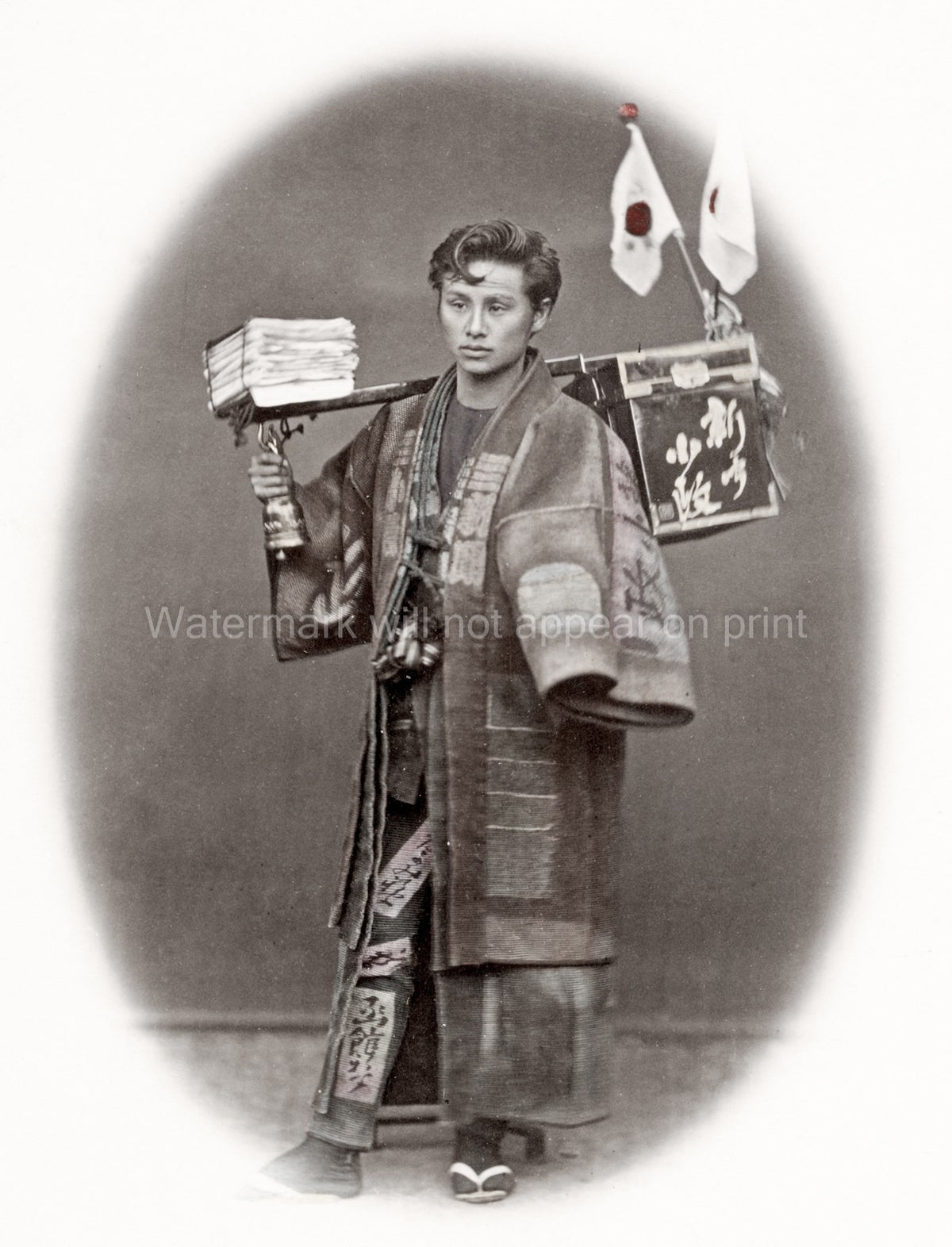 Japan Newspaper Delivery Boy Vendor Kimono Geta Sandals Bell Vtg. Photo 19thC.