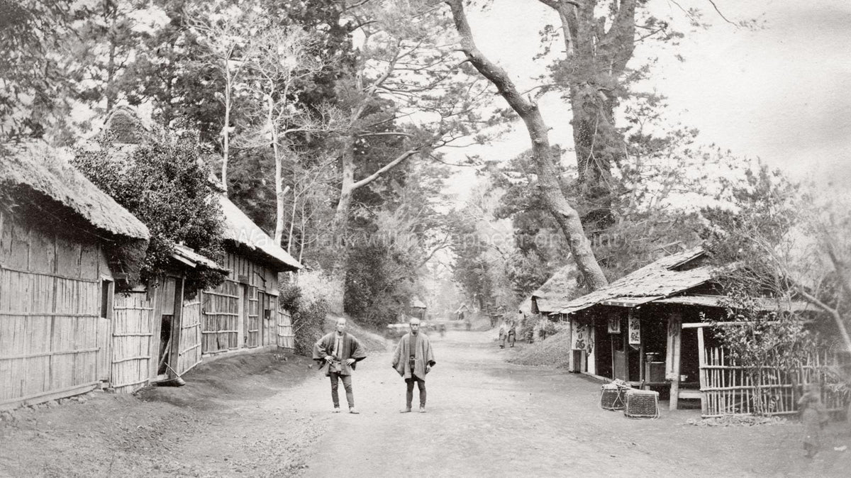 Tokaido Road Japan Rural Village Men Street Scene Trees Vtg. Photo 19thC.
