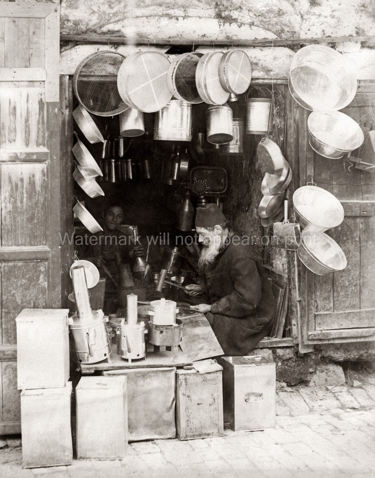 Cairo Egypt Tinsmith Shop Craftsman Metalwork Pots Pans Vtg. Photo 19thC.