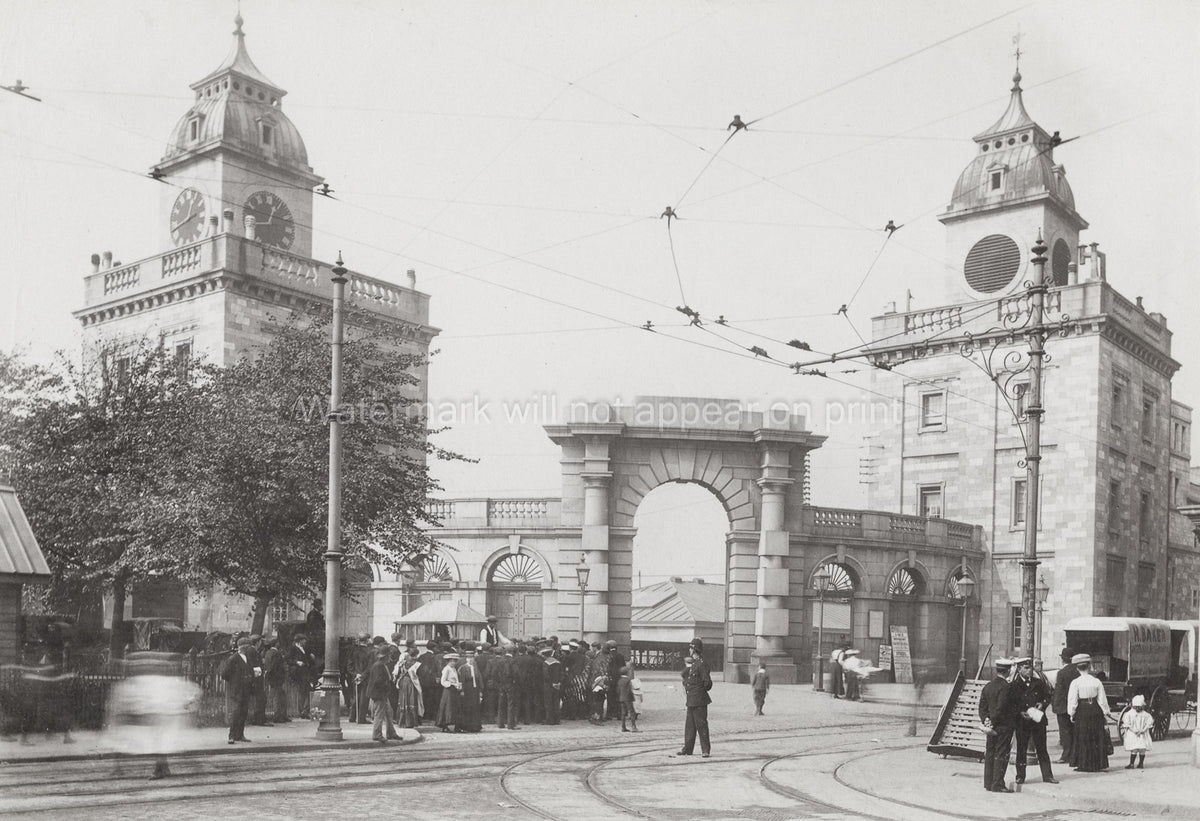 Plymouth Royal Naval Dockyard Gate Clock Tower Archway Street Vtg. Photo 19thC.