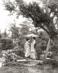 Japan 2 Geishas Parasol Garden Kimono Bridge Vtg. Photo 19thC.