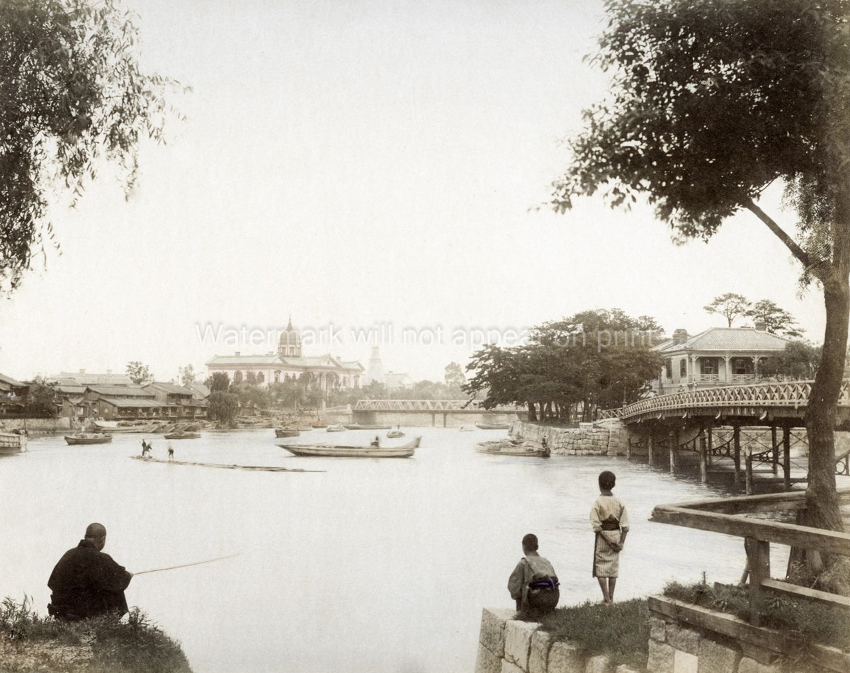 Asakusa Tokyo Fisherman Boys River Boats Bridge Buildings Vtg. Photo 19thC.