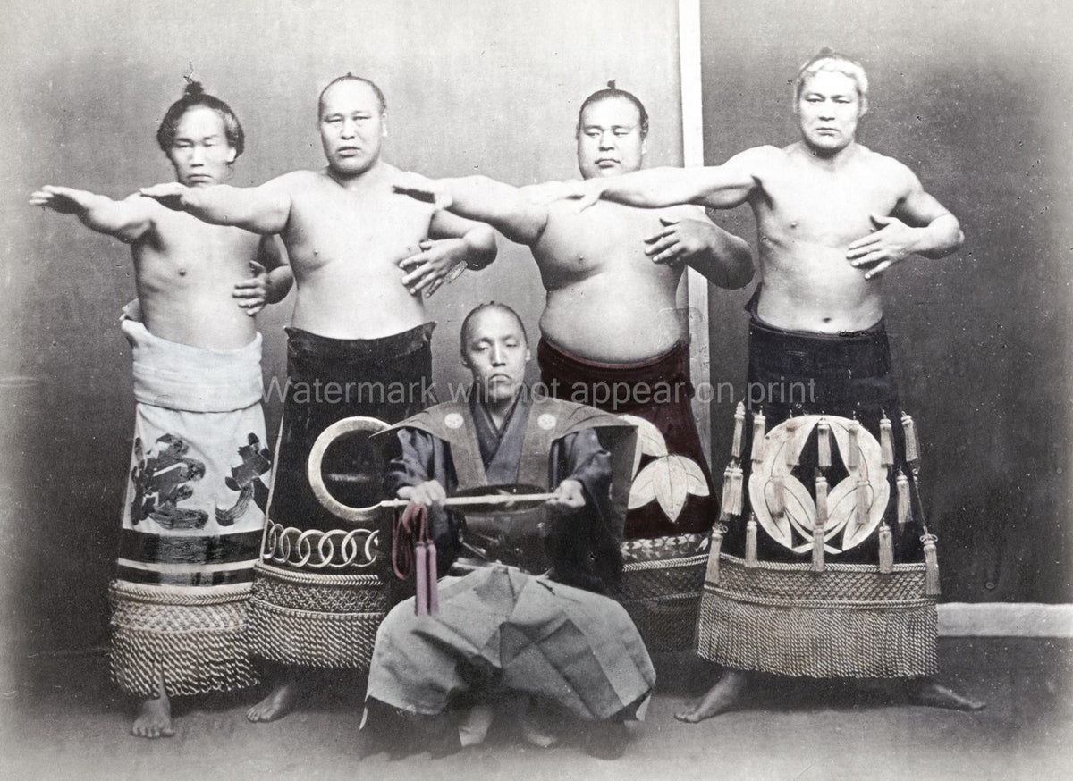 Japan Sumo Wrestlers Rikishi Gyoji Referee Ceremonial Apron Vtg. Photo 19thC.