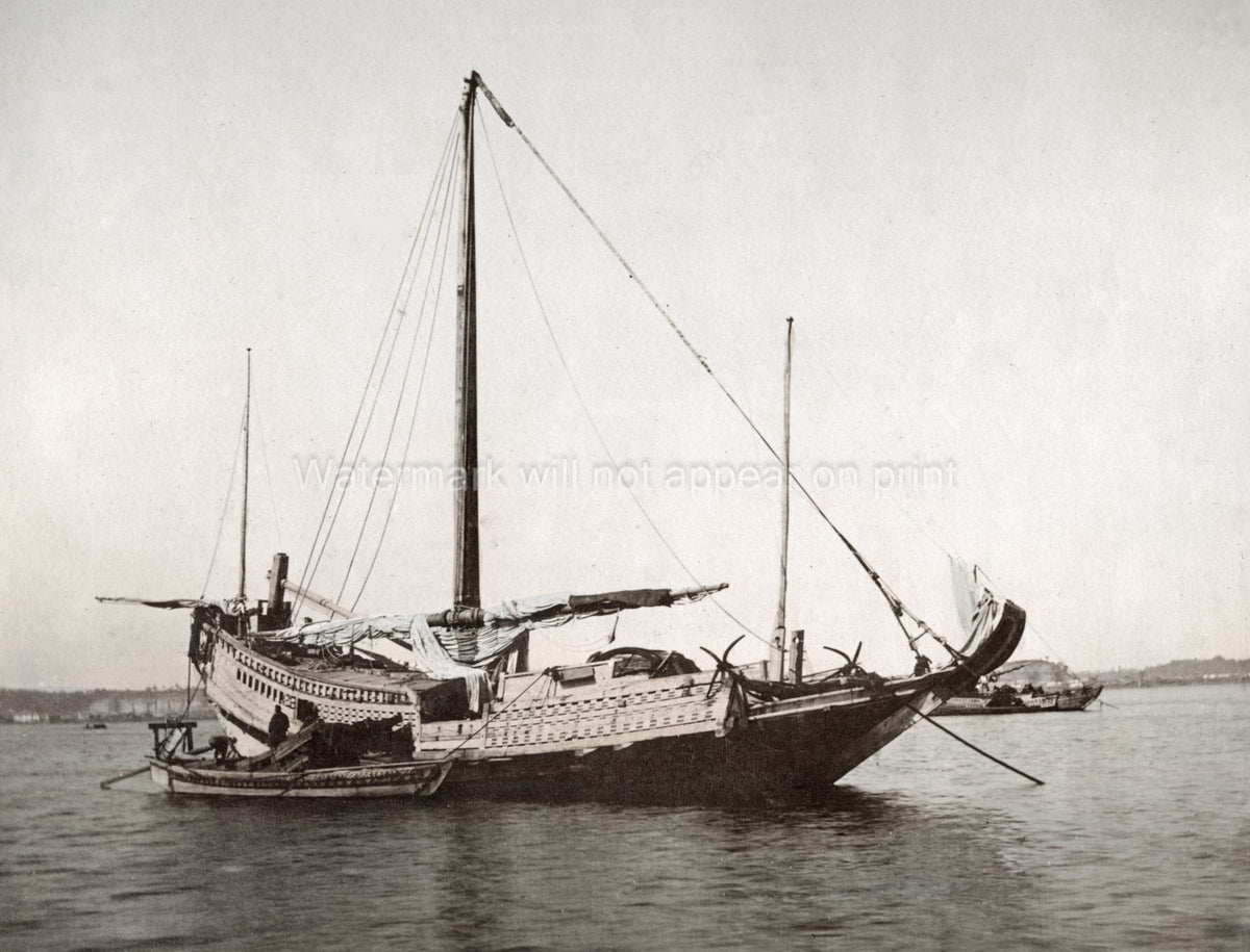 Japanese Junk Ship Sailing Vessel Traditional Boat Harbor Vtg. Photo 19thC.