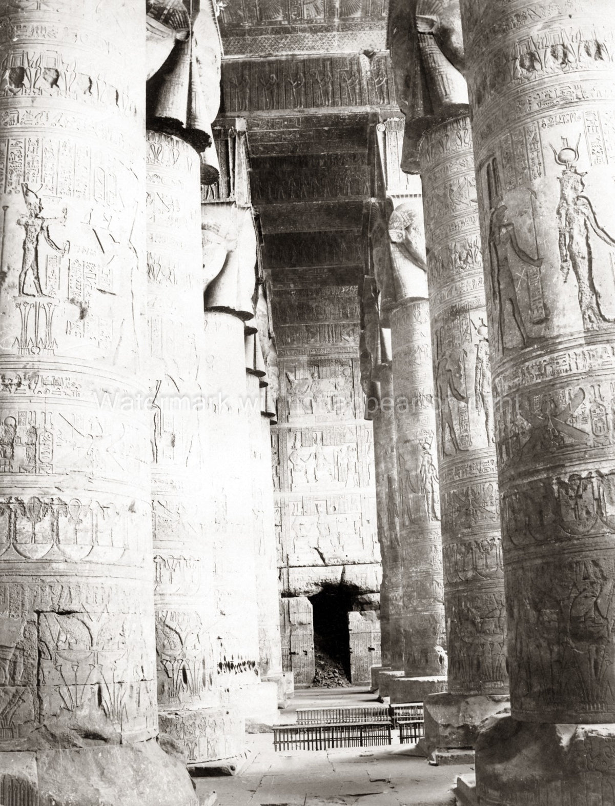 Egypt Temple Dendera Interior Columns Carvings Architecture Vtg. Photo 19thC.