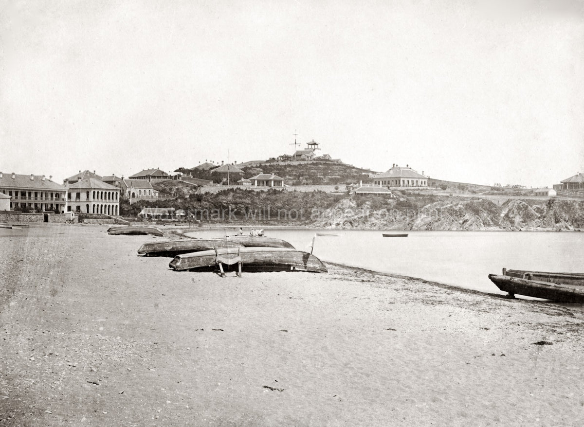 Chefoo Yantai China Boats Beach Coastline Buildings Harbor Vtg. Photo 19thC.