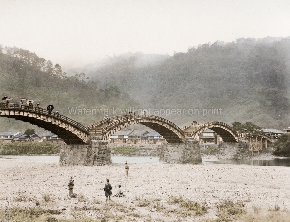 Kintai Bridge Iwakuni Japan Arched River Landscape Traditional Vtg. Photo 19thC.