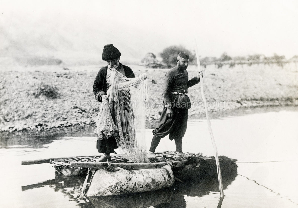 Caucasus Georgia Tiflis Men Fishing Raft River Fishermen Vtg. Photo 19thC.