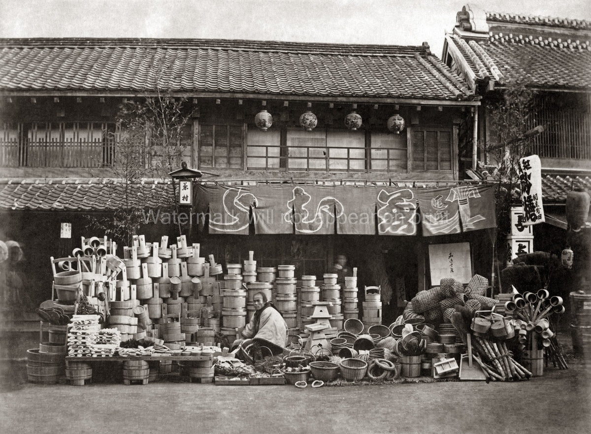 Japan Vendor Pots Brooms Wooden Goods Merchant Street Scene Vtg. Photo 19thC.