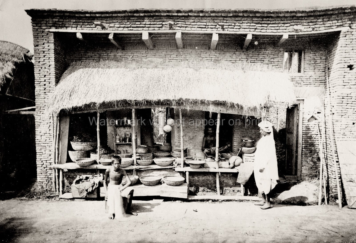 Calcutta India Food Stall Shop Market Baskets Pottery Merchant Vtg. Photo 19thC.