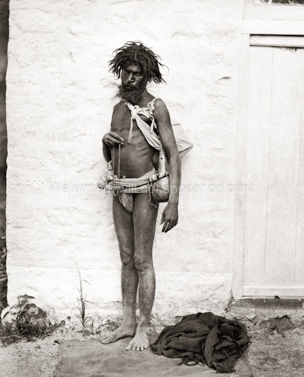 India Beggar Sadhu Holy Man Ascetic Dreadlocks Portrait Vtg. Photo 19thC.