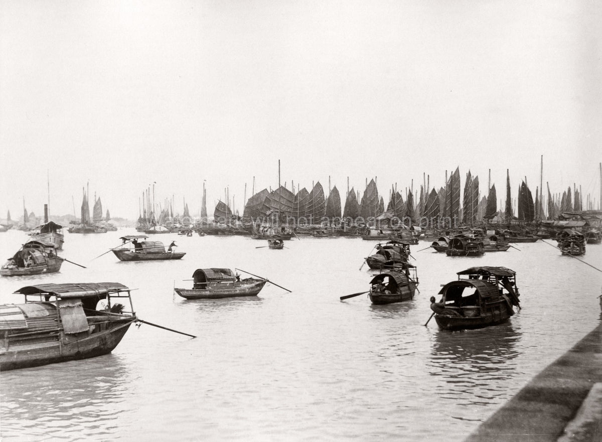 Canton Guangzhou China Harbour Boats Junks Sampans River Scene Vtg. Photo 19thC.