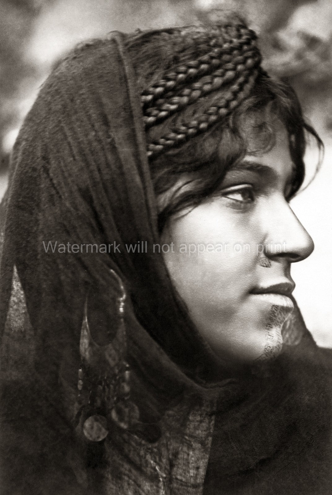 Egypt Bedouin Woman Portrait Braids Tattoo Jewelry Headscarf Vtg. Photo 20thC.
