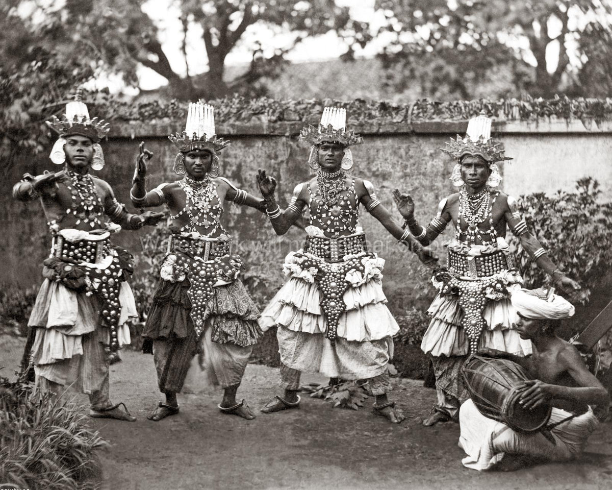 Ceylon Devil Dancers In Ornate Costumes Ritual Dance Drummer Vtg. Photo 19thC.