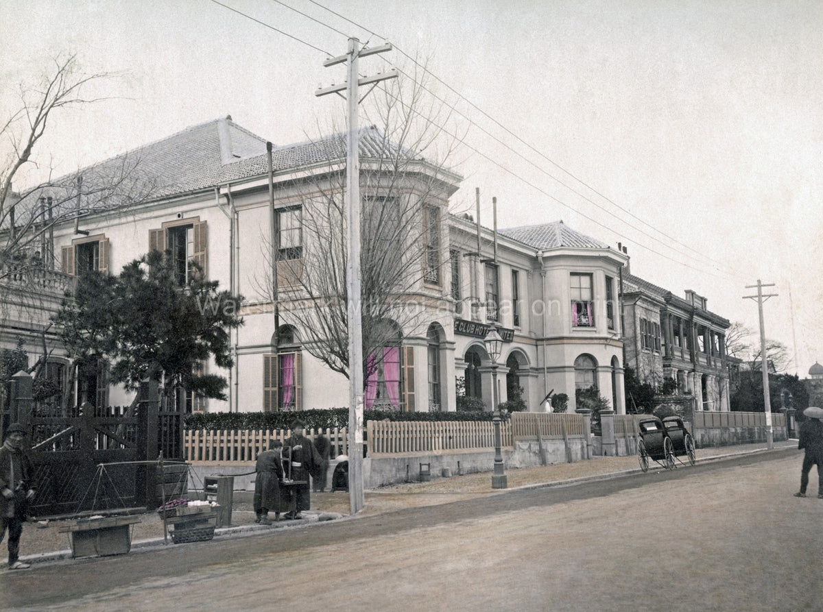 Yokohama Japan Club Hotel Street Scene Architecture Rickshaws Vtg. Photo 19thC.