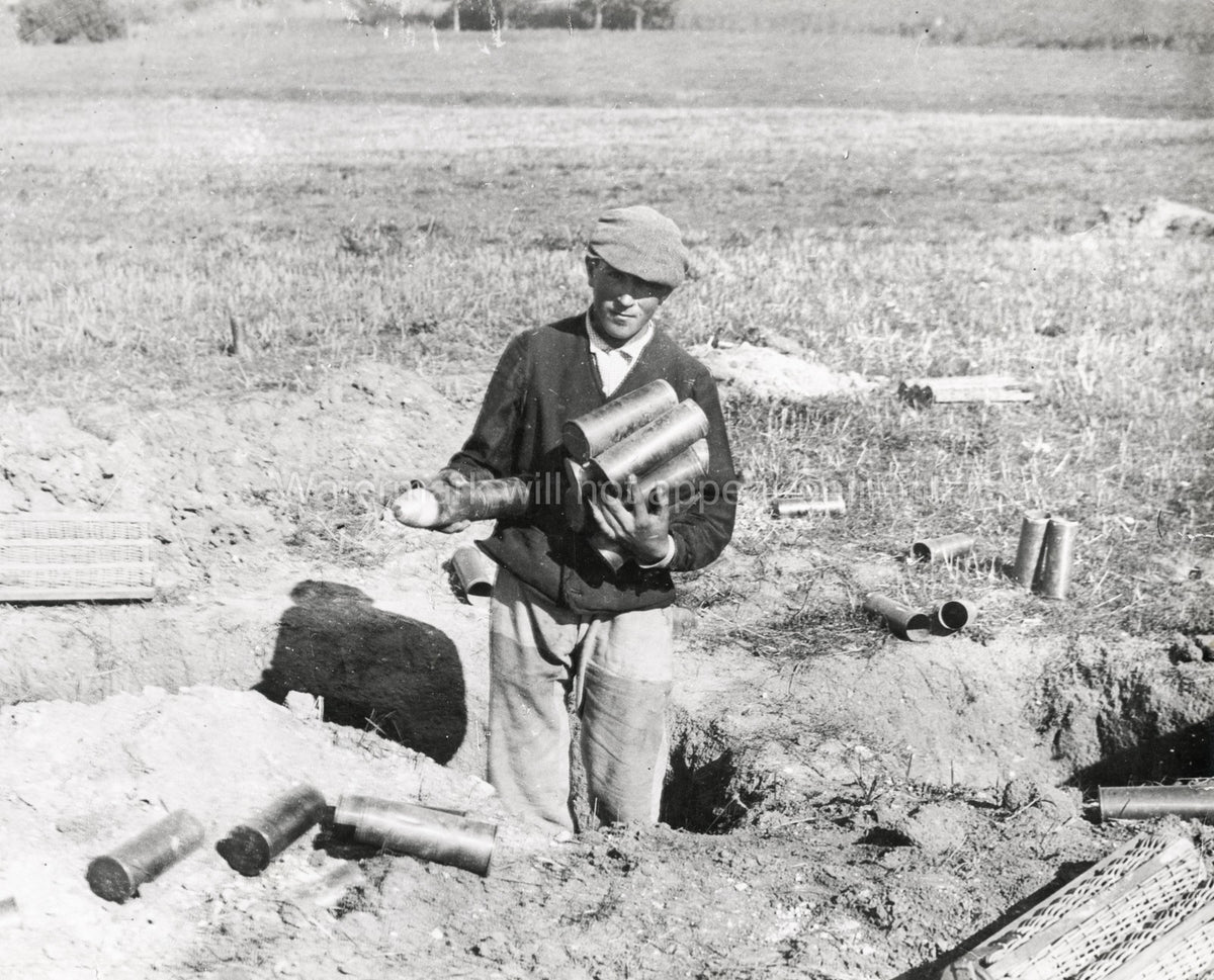 WW1 French Villager Collecting Artillery Shells Trenches Vtg. Photo