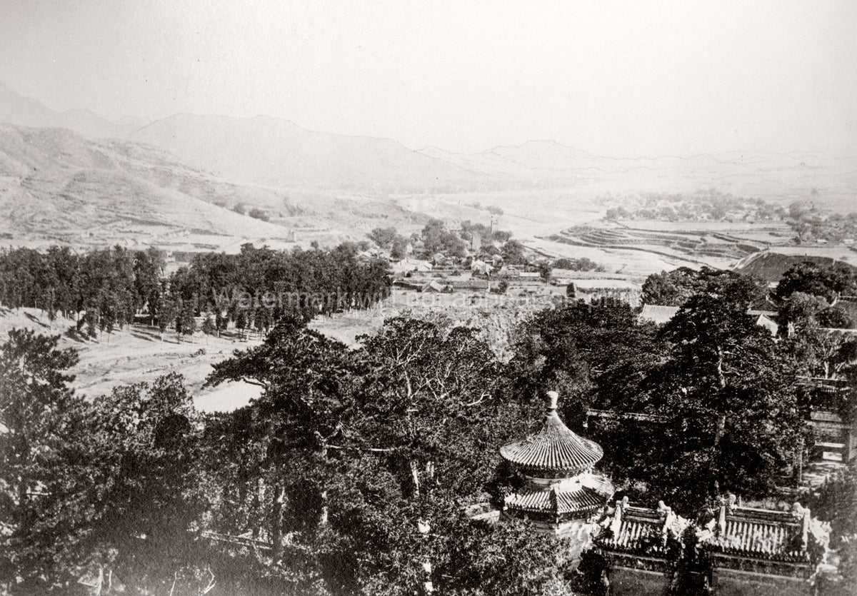 Chinese Temple Pagoda Overlooking Rural Valley Landscape Vtg. Photo 19thC.