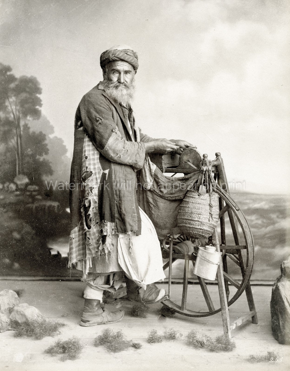 Bearded Egyptian Man Itinerant Knife Grinder Sharpening Stone Vtg. Photo 19thC.