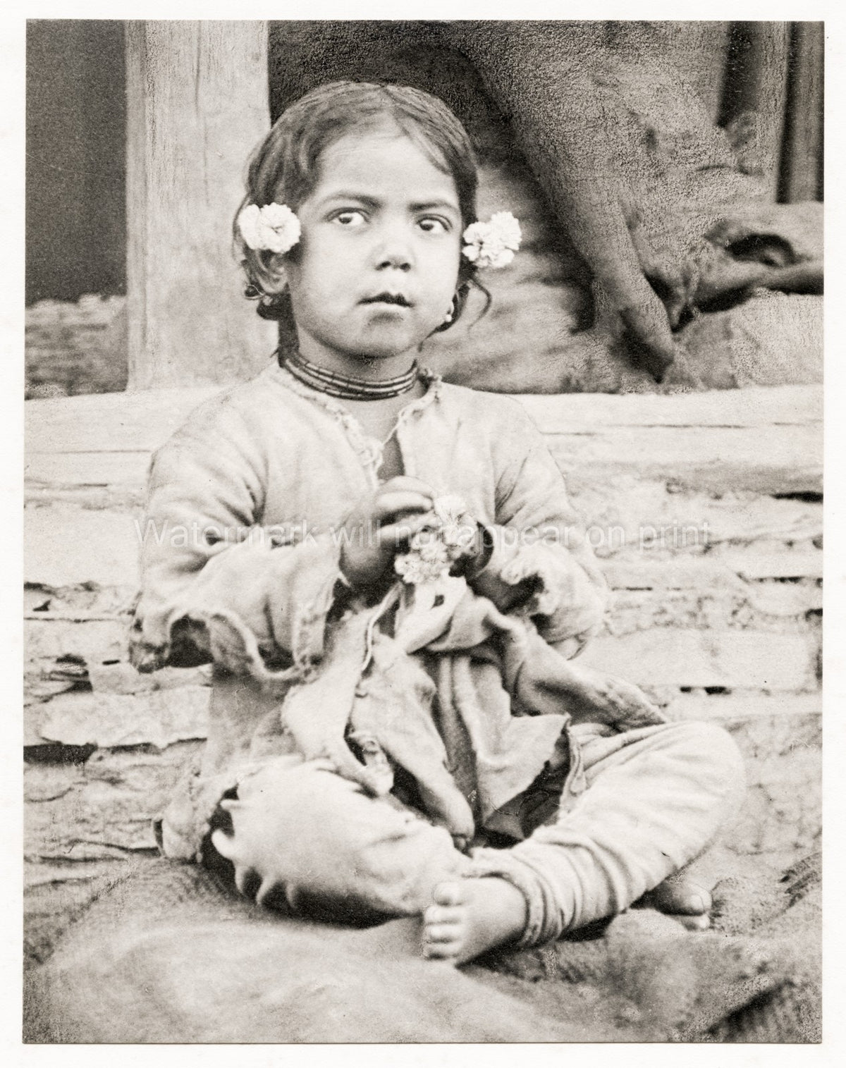 Young India Girl Flowers Hair Seated Portrait Choker Vtg. Photo 20thC.