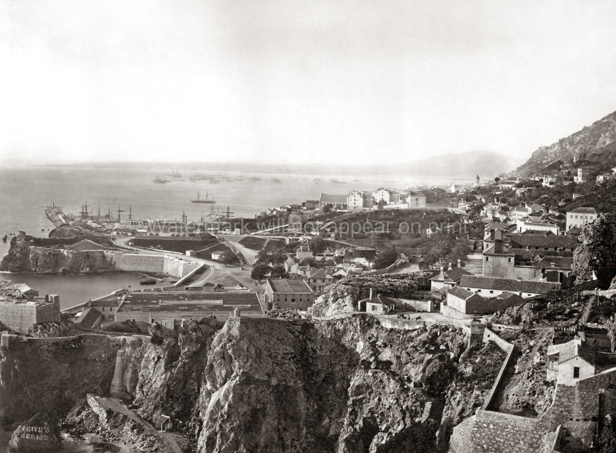 Gibraltar Arsenal Harbor Ships Fortifications Seascape Vtg. Photo 19thC.
