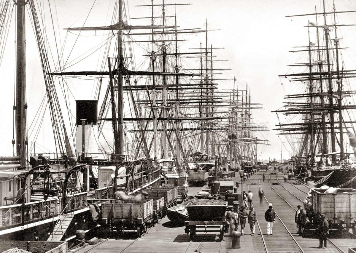 Melbourne Australia Cargo Ships Dock Harbor Pier Masts Rigging Vtg. Photo 19thC.