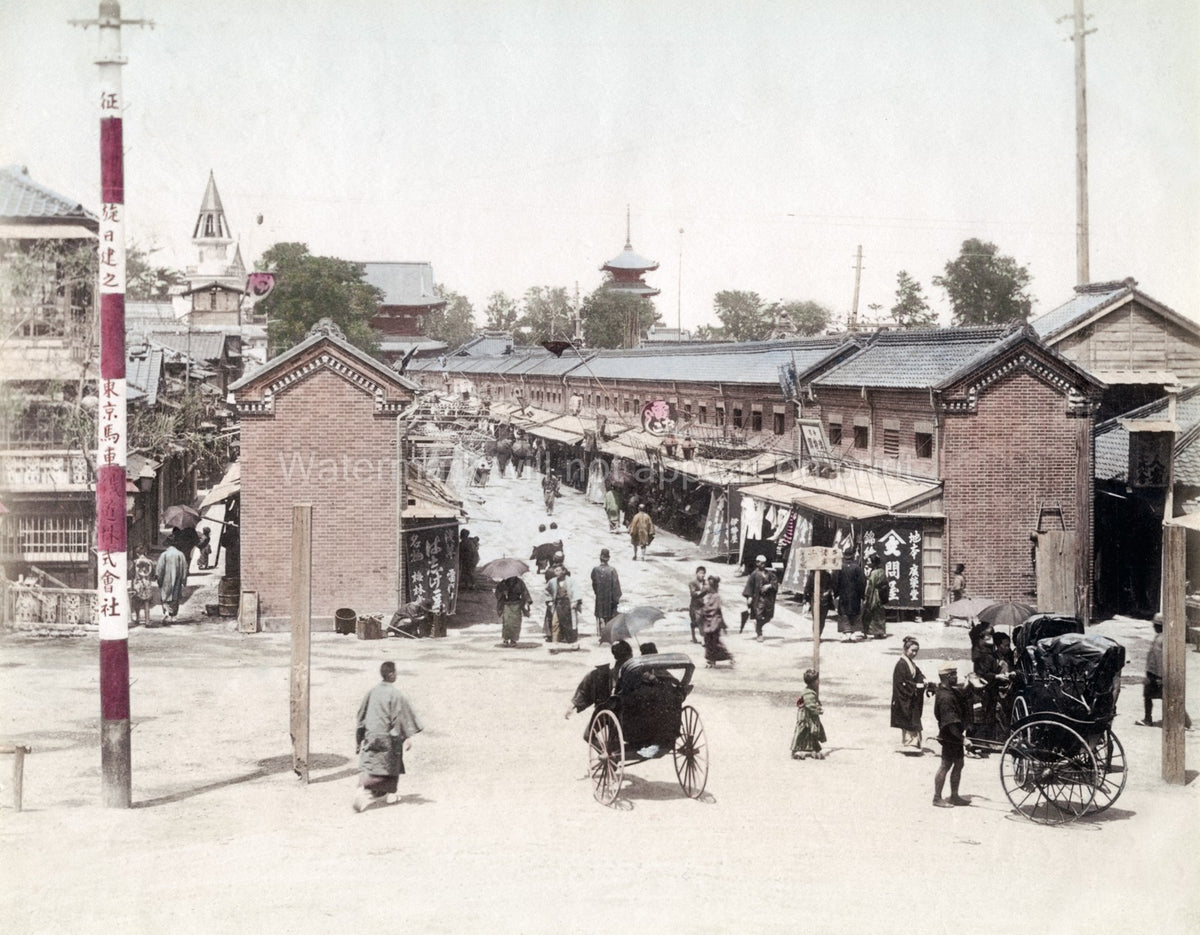 Asakusa Tokyo Japan Street Market Shops Pagoda Rickshaws Vtg. Photo 19thC.