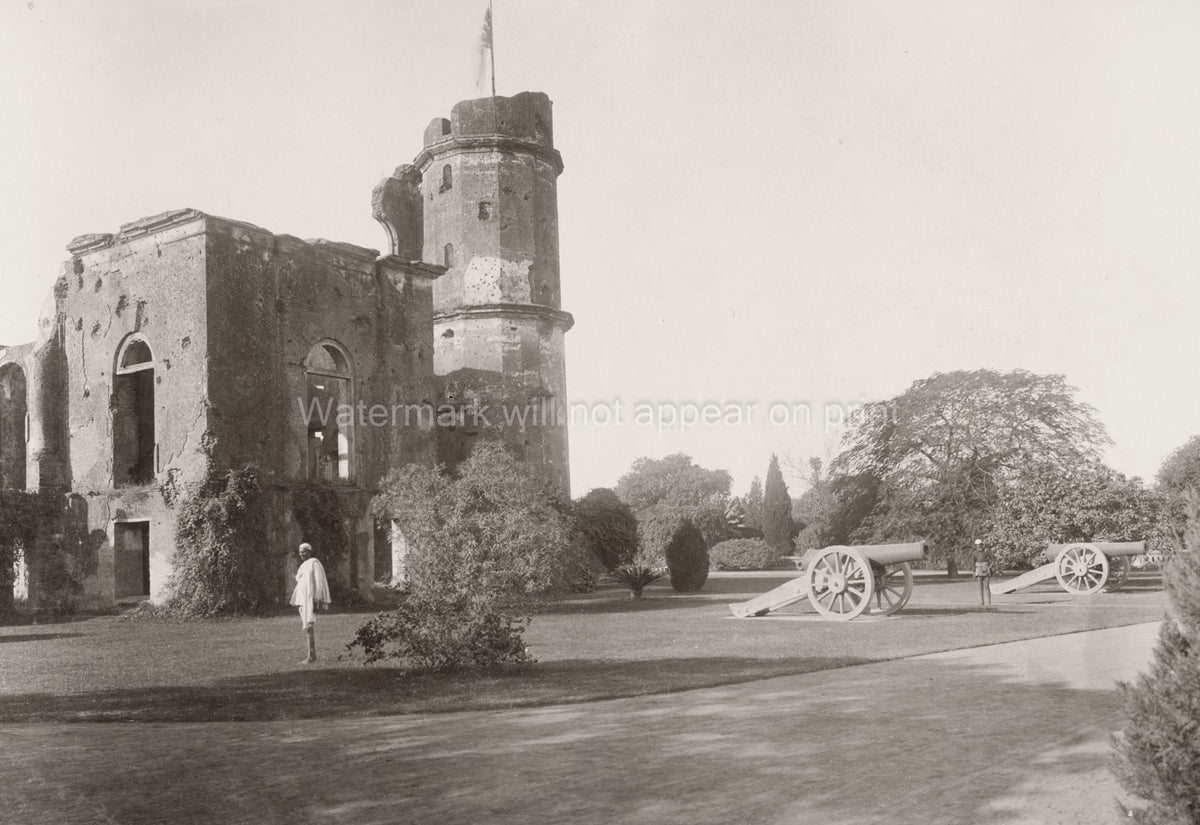 Residency Lucknow India Ruins Tower Cannons Garden Man Vtg. Photo 19thC.