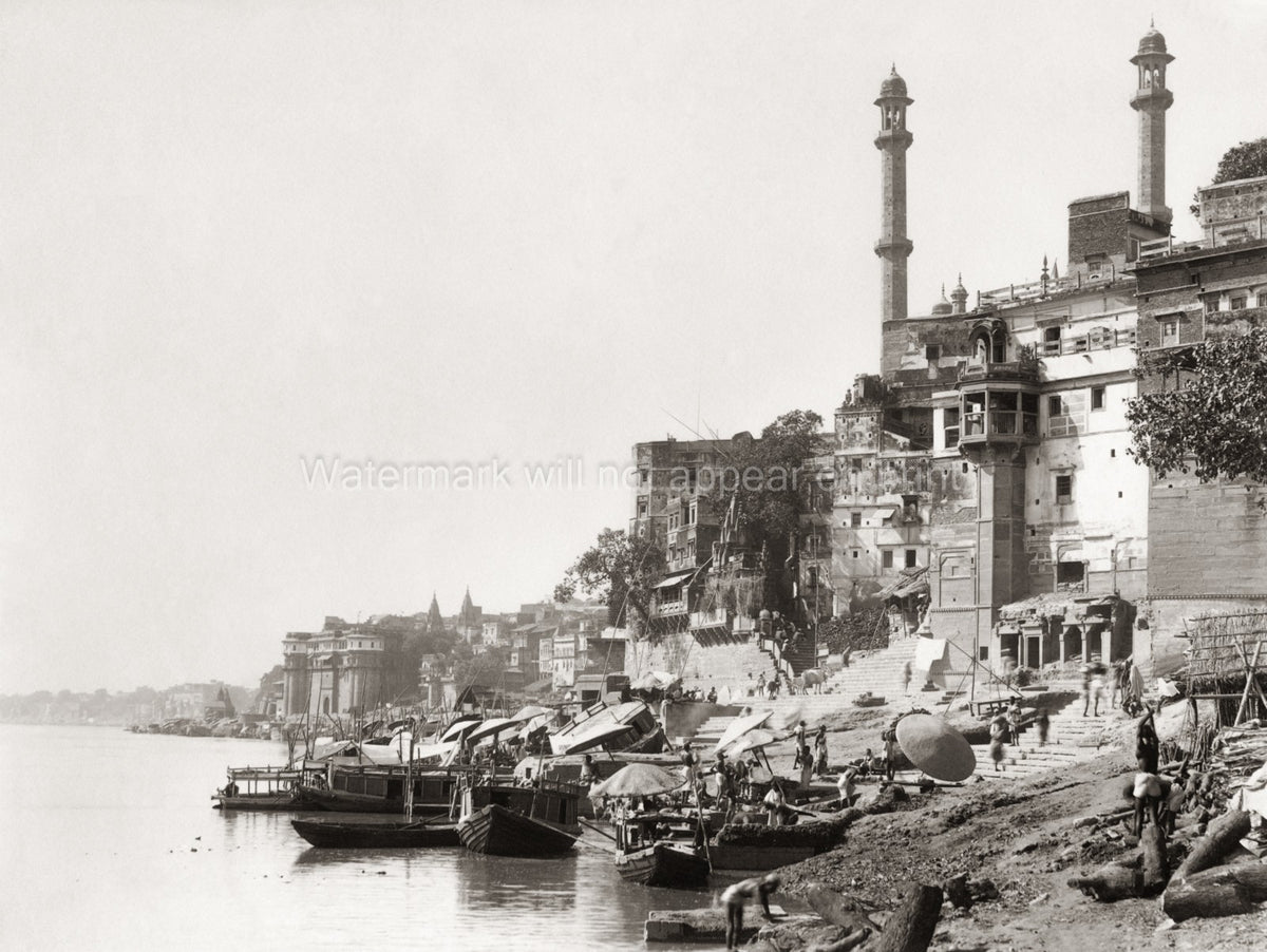 Benares Varanasi Ganges River Ghats Boats Minarets India Vtg. Photo 19thC.