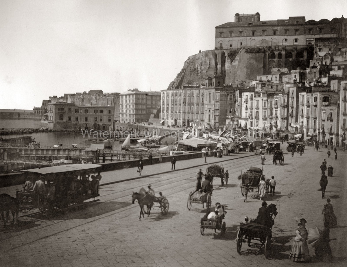 Santa Lucia Naples Italy Dock View Harbor Cityscape Carriages Vtg. Photo 19thC.