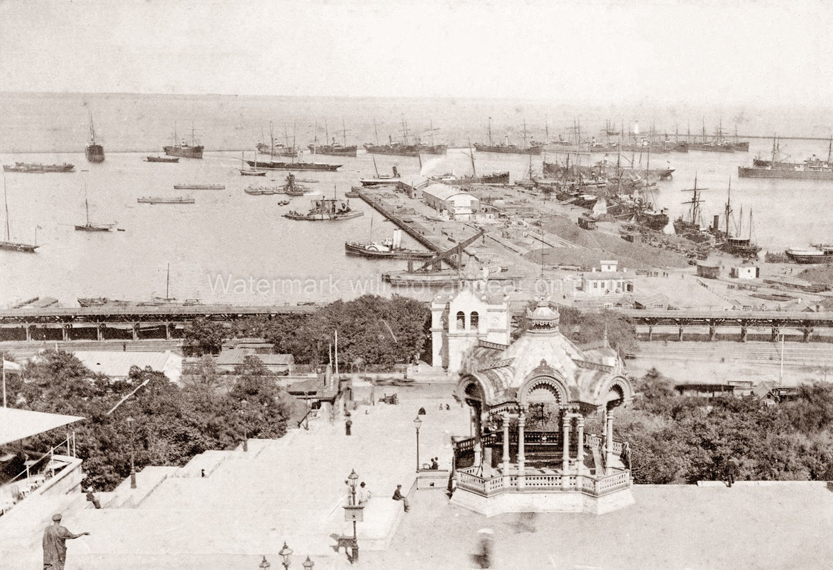Odessa Port Ukraine Harbor Cityscape Potemkin Stairs Ships Vtg. Photo 19thC.