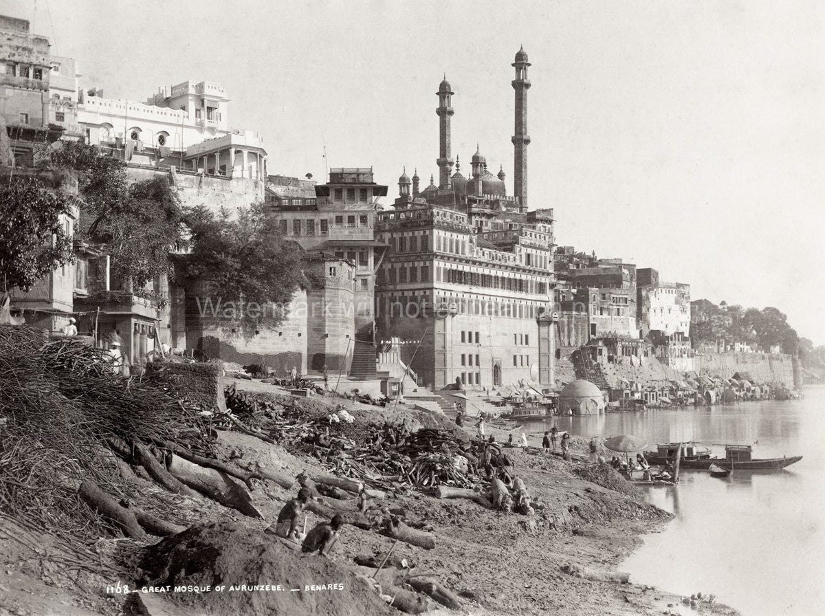 Great Mosque Aurangzeb Benares Varanasi River Ghats Vtg. Photo 19thC.