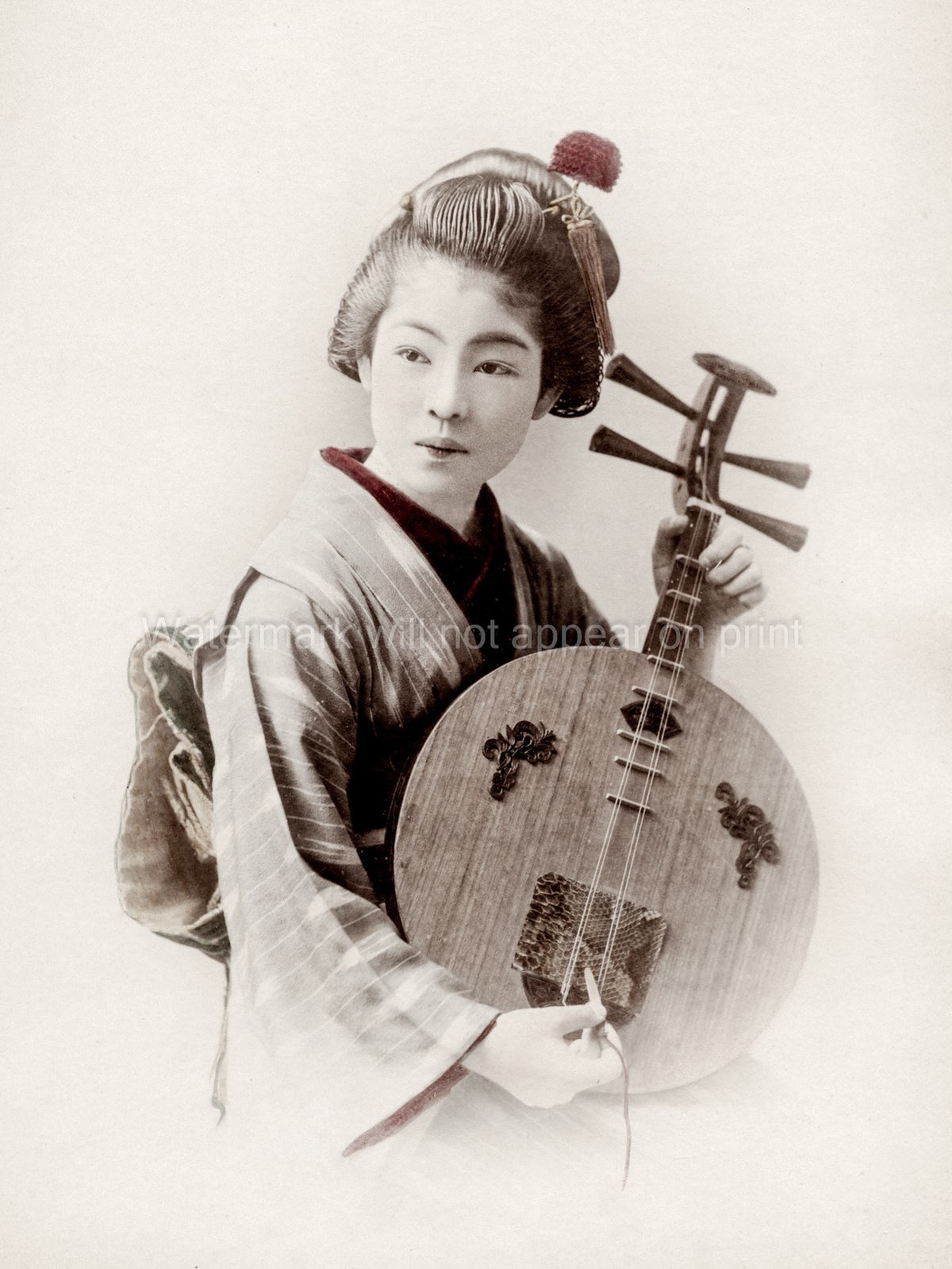 Young Japanese Musician Woman Kimono Lute Instrument Vtg. Photo 19thC.