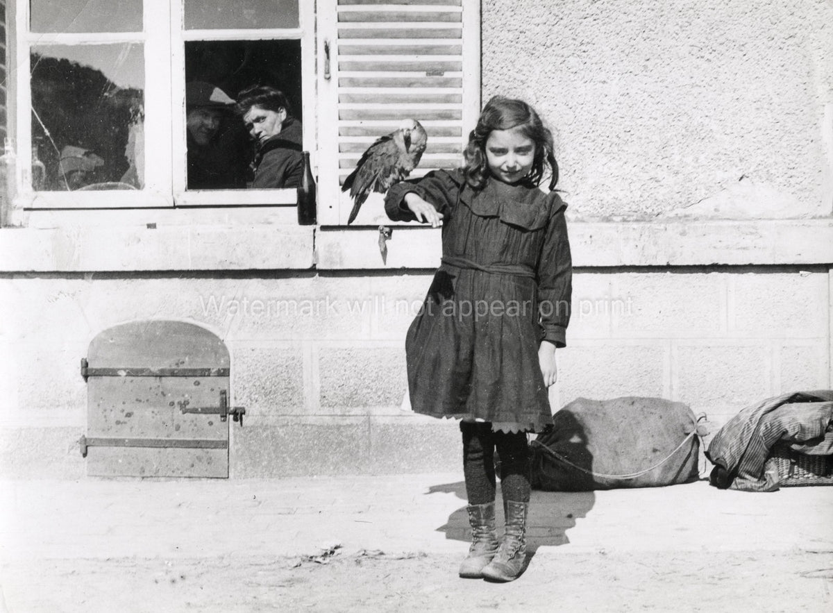 WW1 Refugee Child Pet Parrot Girl Bird Window Street Vtg. Photo