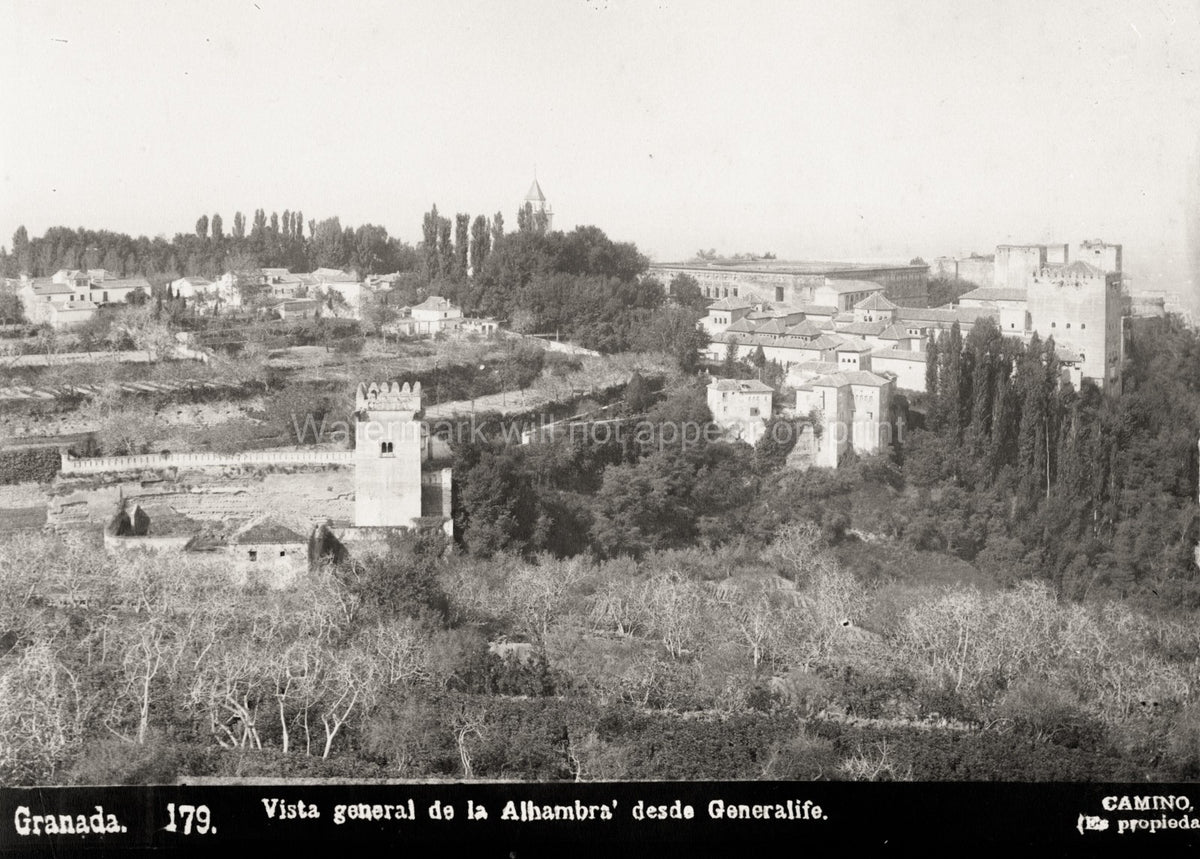 Granada Spain Alhambra Palace General View Fortress Hilltop Vtg. Photo 19thC.