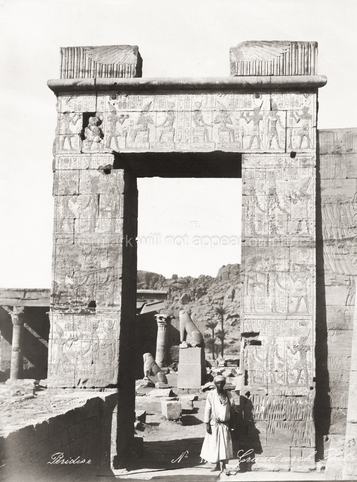 Philae Egypt Grand Arch Gate Temple Ruins Hieroglyphs Man Vtg. Photo 19thC.