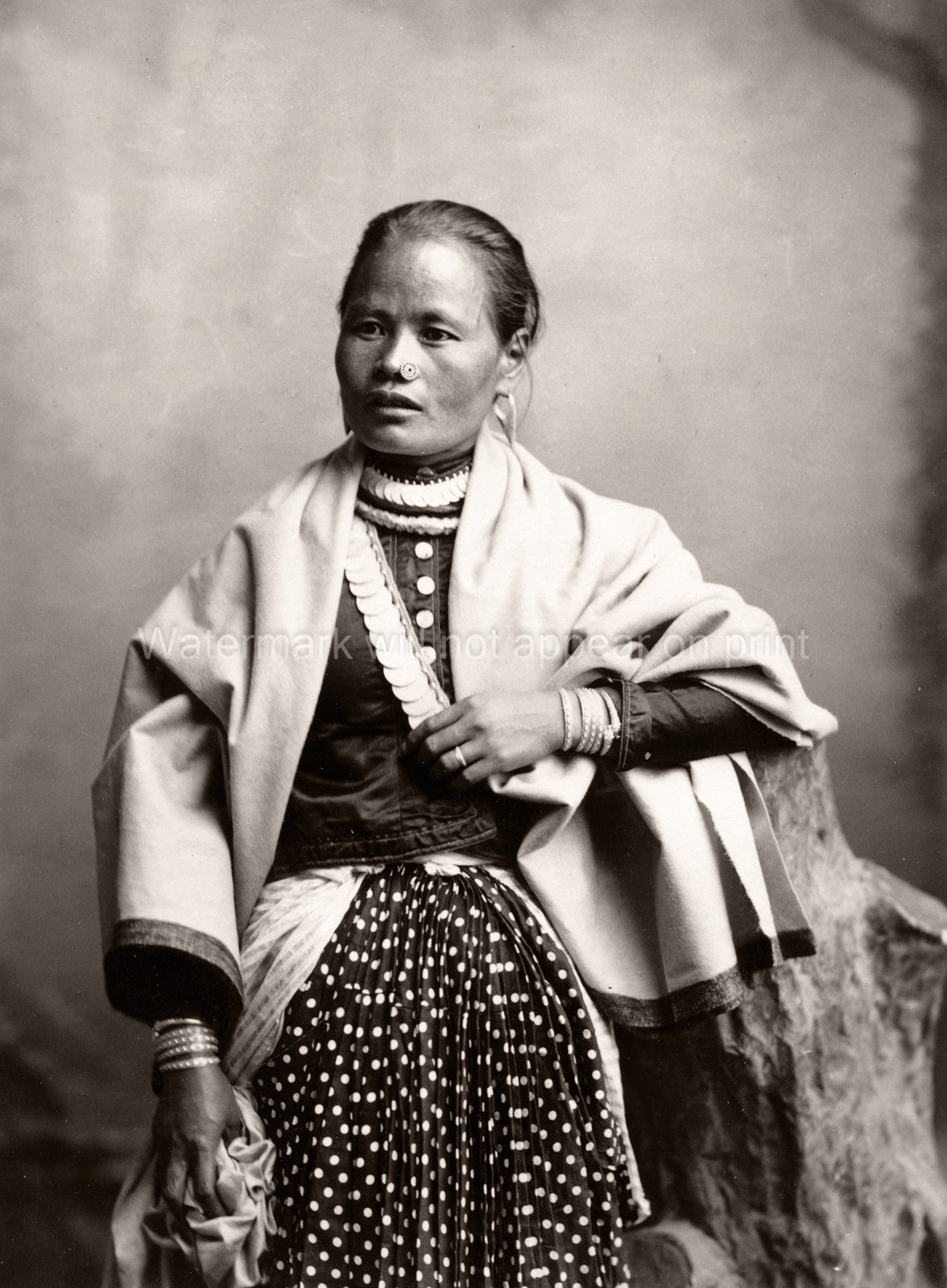 Northern India Tibetan Woman Portrait Traditional Dress Vtg. Photo 19thC.