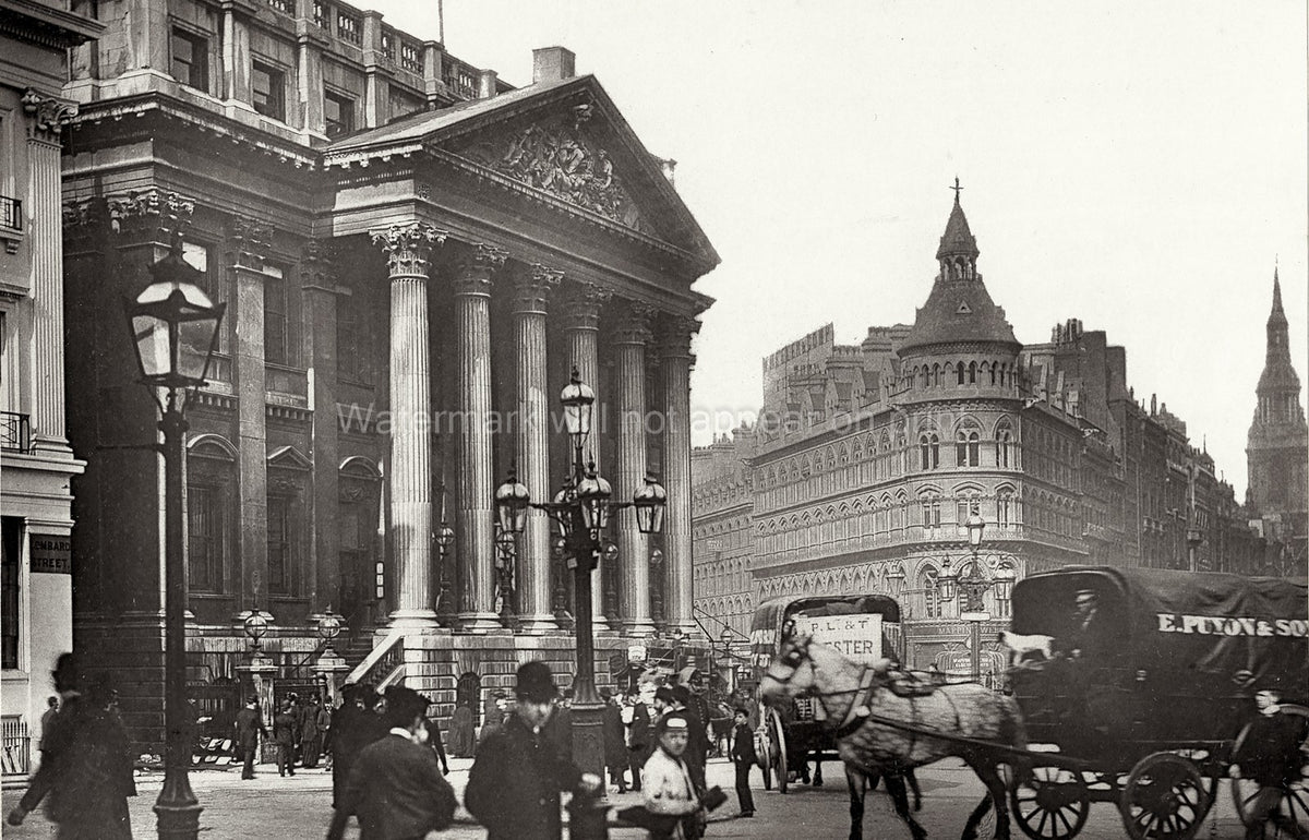 London Mansion House Busy Street Scene Architecture Horse Vtg. Photo 19thC.