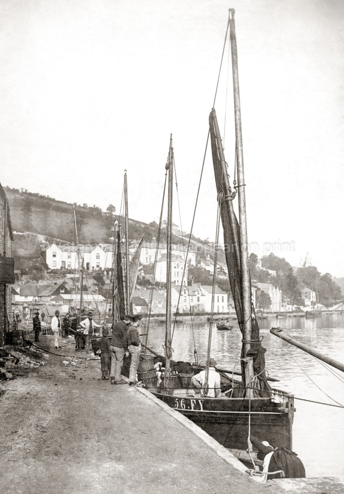 West Looe Cornwall Harbour Fishing Boats Sailing Quay Vtg. Photo 19thC.