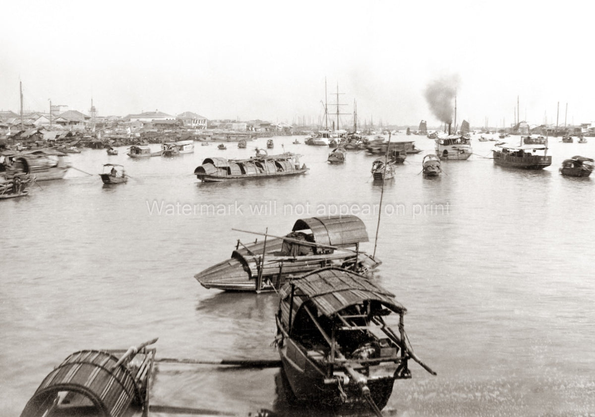 Canton Guangzhou China Harbour View Boats Sampans River Port Vtg. Photo 19thC.